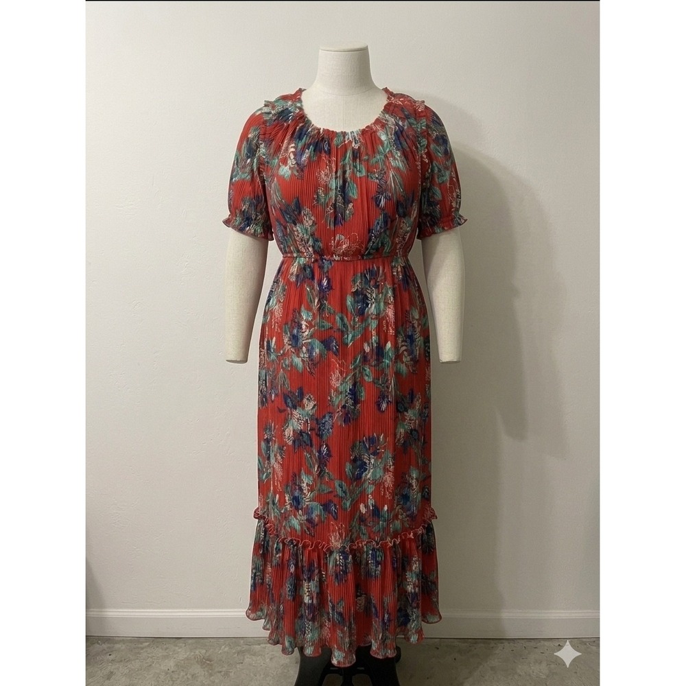 Ava & Viv Red Floral Pleated Chiffon Maxi Dress Short‎ Sleeve 4X Boho Whimsy